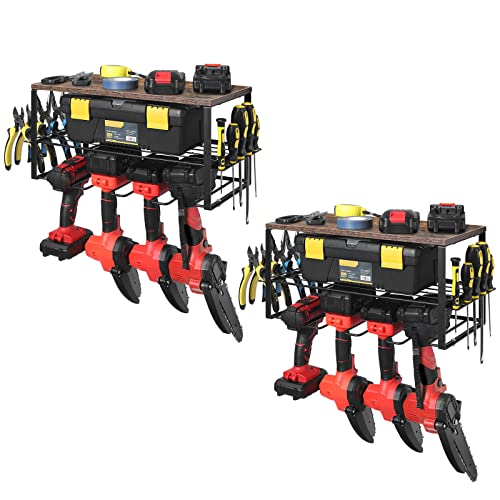 Power Tool Organizer Storage Rack 2 Pack, Heavy Duty Drill Holder Wall Mount with Srewdriver Slots, 3 Layers Wood Metal Floating Tool Shelf for Garage Garden