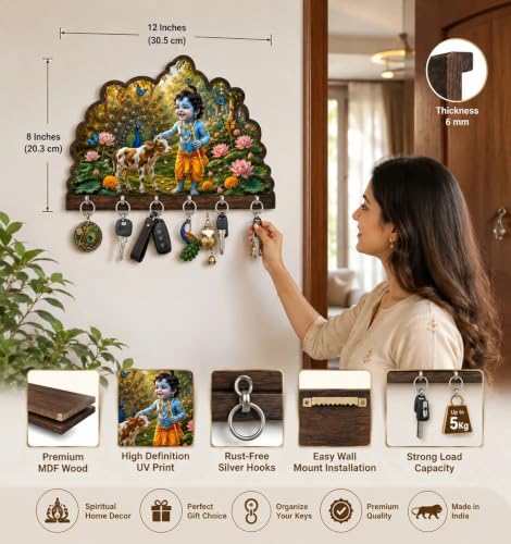 Image of Baby Krishna Wooden Key Holder for Wall | 7 Hooks Key Stand with Cow, Peacock & Lotus Design | Decorative Wall Mounted Key Hanger for Home Entrance, Living Room, Office, Gift