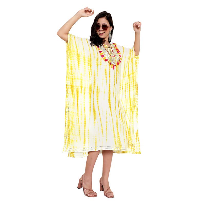 Image of Girls /Women Rayon Cotton Tie And Die Printed Kaftan Yoke Embellished Embroidery Kurti Gown Dress | Kurta /Kaftan for Women & Girls