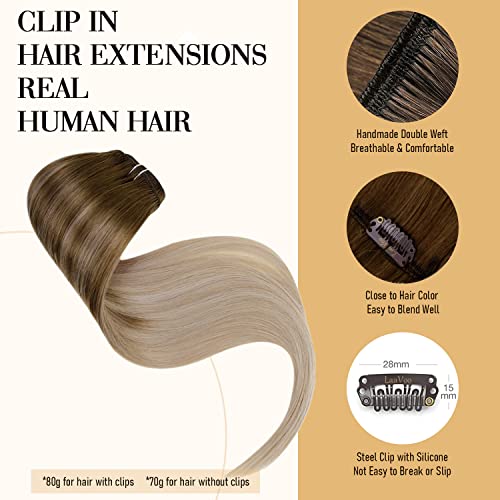 Laavoo Clip In Hair Extensions Real Human Hair Ombre Light Brown To Ash Blonde Mix Platinum Blonde Balayage Remy Human Hair Clip In Extensions For Women 16 Inch 5Pcs/80G #TOP5