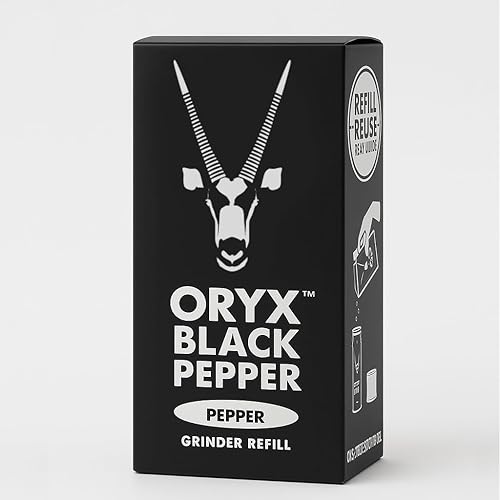 Oryx - Caja de repuesto de pimienta negra, 3.52 onzas, granos de pimienta negra entera de Madagascar, recargable + 20 molinillo de pimienta Oryx -