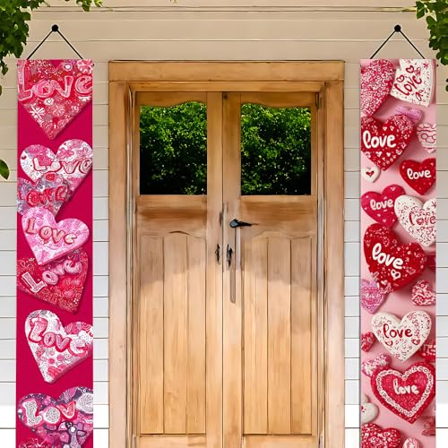 Image of Sweet Heart Front Door Banner 11.81x70.87 Inch, Pink Red Doodle Love Porch Sign for Mother's Day, Romantic Hanging Flag Welcome Outdoor Wall Decor, Weatherproof Fabric Decoration
