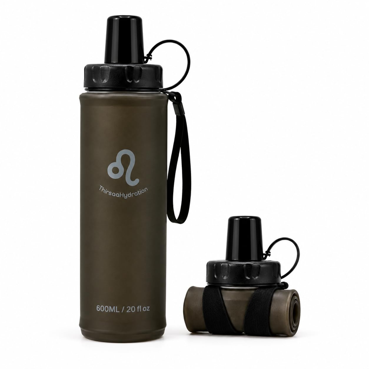Thirsaa Collapsible Soft Flask Water Bottle, BPA FREE Hydration Bottle with Roll Up Design for Running, Hiking, Cycling or Travelling (1, 600, Millilitres, Charcoal)