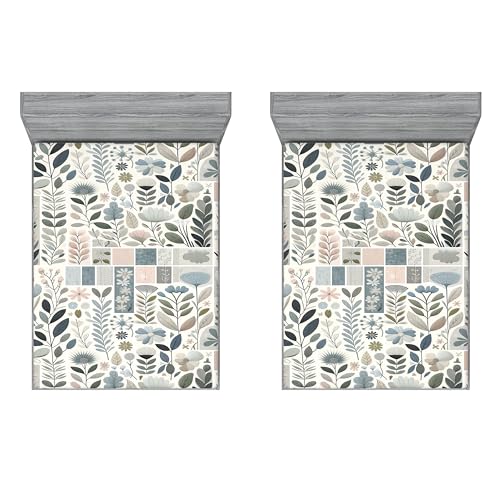 Ambesonne Floral Art 2 Pack Fitted Sheet, Boho Scandi Leafy Floral, Bed Cover All-Round Elastic Deep Pockets 2 Pieces, Package Contains 2 Full Size Fitted Sheets, Blue Grey Blush Ivory