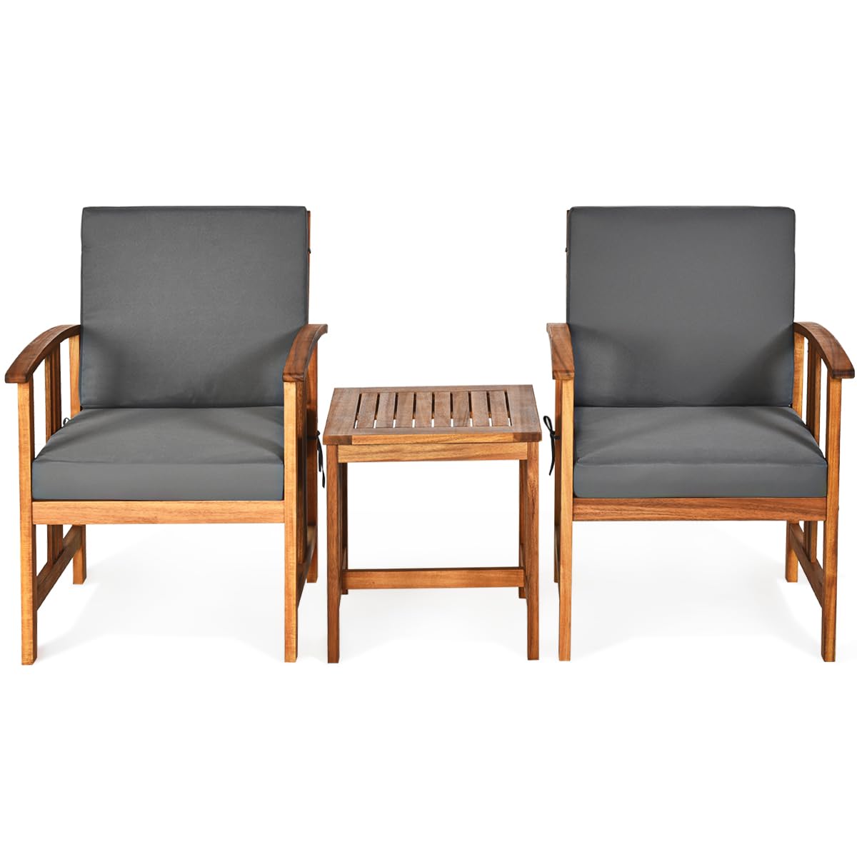 RELAX4LIFE Tavolo da Giardino con Sedie, Tavolo da Esterno con Piano a Doghe e 2 Poltrone con Cuscini, Braccioli Curvi, Set da Mobili in Legno di Acacia per Cortile, Bordo Piscina, Portata 180KG+75KG