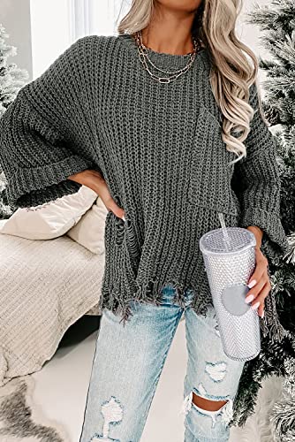 Women Streetwear Ripped Hole Knit Sweater Loose Long Sleeve Pocketed Jumper Crew Neck Pullover Tops2