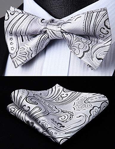 Image of HISDERN Suspenders for Men Paisley Floral Bow tie Suspender Pocket Square Sets Adjustable Y Shape 6 Clips Wedding Braces