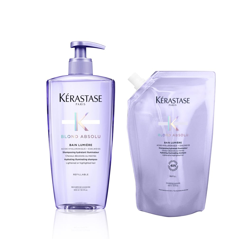 Kérastase Blond Absolu Bain Lumière Nachfüllset, Feuchtigkeitsspendendes Shampoo für blondes/blondiertes Haar, Enthält: Blond Absolu Bain Lumière 500 ml im Pumpspender sowie 500-ml-Nachfüllpackung