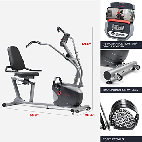 Image of Sunny Health & Fitness Smart Recumbent Bike, Full-Body Home Training with Arm /Leg Exercisers, Indoor Cycling Workout Machine Plus Adjustable Seat & Bulit-in Pulse Sensors, Free SunnyFit App Connection