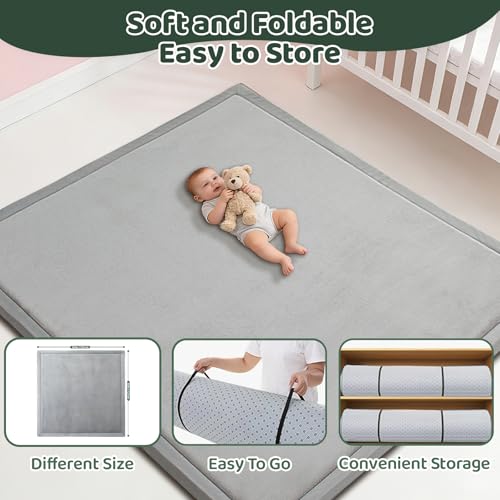 Image of Baby Play Mat for Floor, 1.3 Inch Thick Memory Foam Tummy Time Mats with Non Slip Backing, Soft Coral Velvet 50x50 Inch Playpen Mat Crawling Tatami for Infants Toddlers Kids, Light Grey