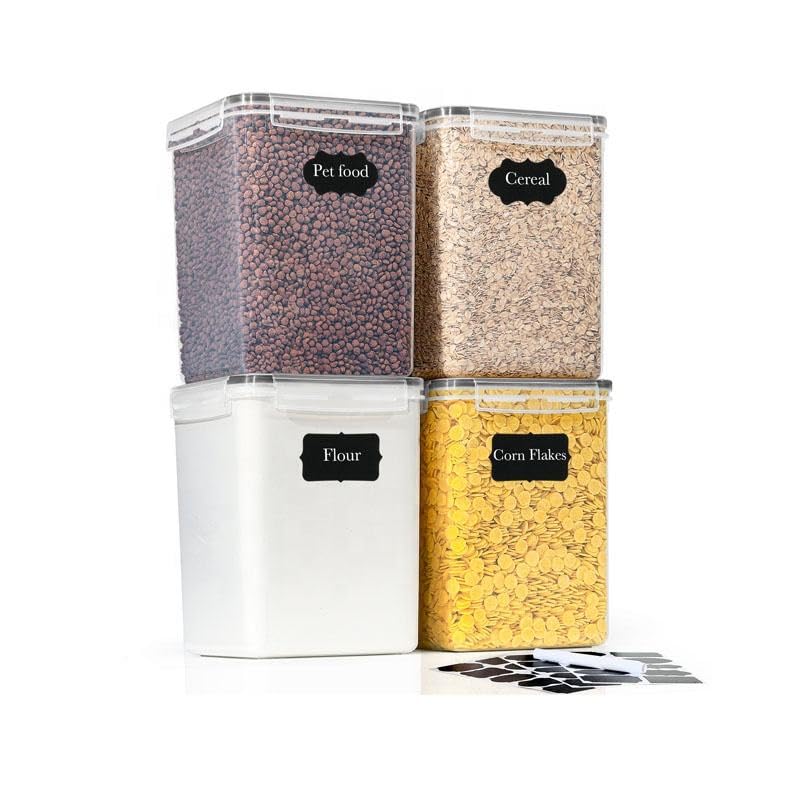 GENERIX Large Food Storage Containers – 5.2L Airtight Pantry Organiser Bins, Set of 4 with Labels – BPA-Free Clear Kitchen Containers for Rice, Flour, Pasta, Cereal & Dry Foods,Pet Food