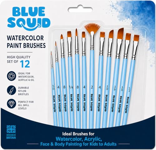 Blue Squid Watercolor Paint Brushes Set of 12 - Professional Artist Brush Set with Soft Synthetic Nylon Bristles - Art Brushes Ideal for Watercolor Acrylic Face & Body Painting for Kids to Adults