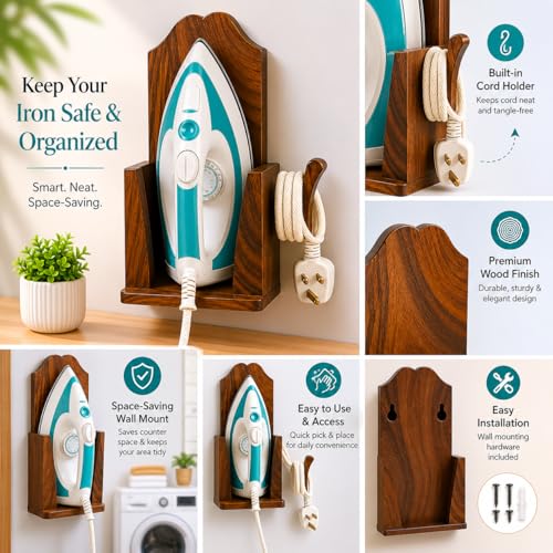 Image of Wooden Iron Press Holder.Free from Electricity.Save You & Your Family from Shock.Not Only Hold Iron But Organise Power Cable Also. Press Machine Holder for Laundry and Home1