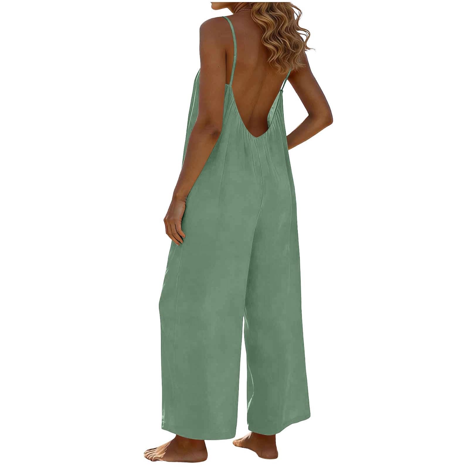 RLEHJN Jumpsuit Damen Sommer,Ärmellos Overall Lang Casual Hosenanzug Sexy V-Ausschnitt Spaghettiträger Romper Loose Fit Playsuit Elegant Einteiler Weites Bein Latzhose Freizeithose mit Taschen