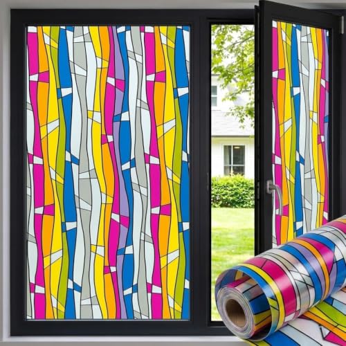 Image of Premium Vinyl Privacy Stained Window Glass Sticker (24x96 Inch) - Self-Adhesive Decorative Sticker Opaque Tint Wallpaper for Glass Cover Window, Door, Office, Home.| Anti-UV. Colorful Lines