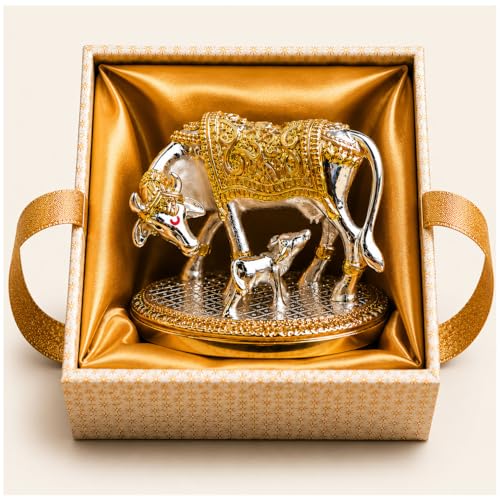 Image of 24k Gold & 999 Pure Silver Plated Kamdhenu Cow with Calf | Attracts Prosperity | Vastu Gift Wedding Housewarming | Certificate of Authenticity | Luxury Gift Box Included (Gold & Silver, 2.5 Inch)