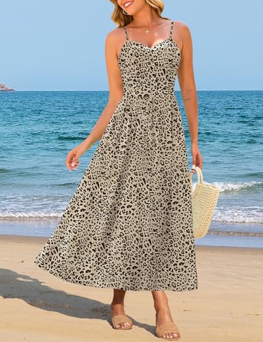 Image of Annebouti Women 2026 Summer Spring Ruched Maxi Dress Adjustable Spaghetti Strap Floral Beach Long Sundress with Pockets