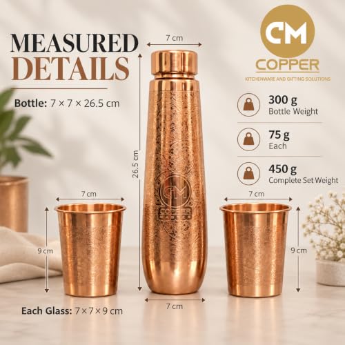 Image of Copper-Master Pure Copper Water Bottle 1L & 2 Glasses Set, Polo Etched