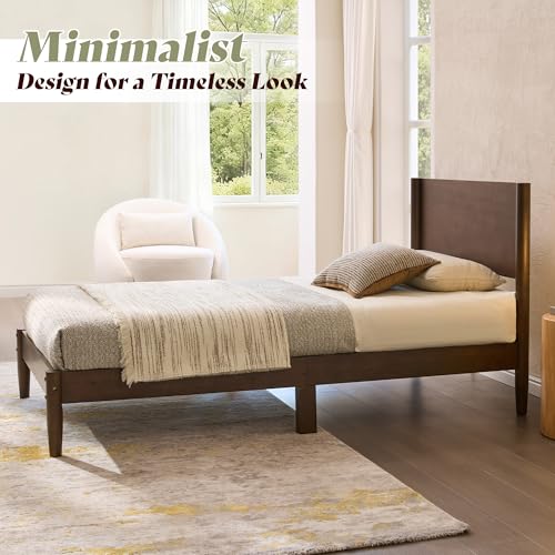 Image of AMERLIFE Solid Wood Twin Bed Frame, Mid Century Modern Platform Bed with Full Panel Headboard, Noise-Free & Cylindrical Legs, No Box Spring Needed, Under-Bed Storage, Dark Walnut