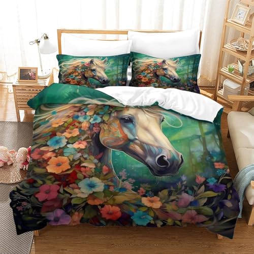 Housse de couette imprimé animal fleurs et chevaux 200x200cm avec fermeture éclair