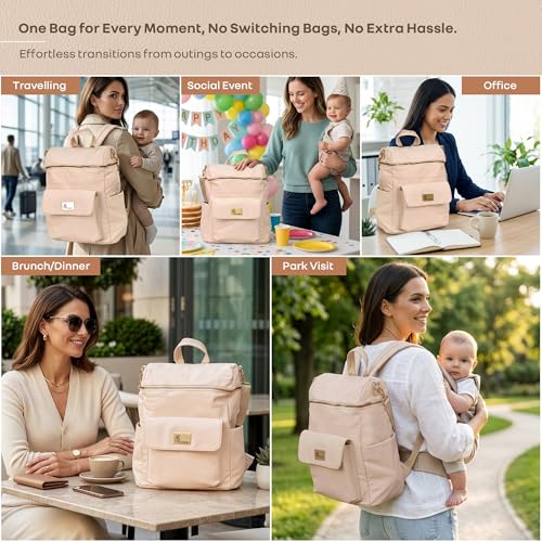 Image of R for Rabbit Caramello Bold Ivy Diaper Bag for Moms, Premium Vegan Leather with Insulated Bottle Pockets, 7 Compartments, Maternity Travel Backpack, 24 Litre Capacity (Ivory Beige)