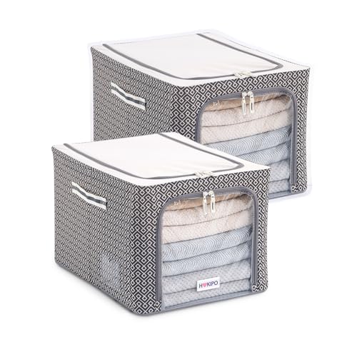 Image of HOKIPO Wardrobe Organiser for Storage of Clothes, 600D Oxford Fabric Storage Box, Charcoal Grey - Large Pack of 2 (AR-6718-CGRY*2)