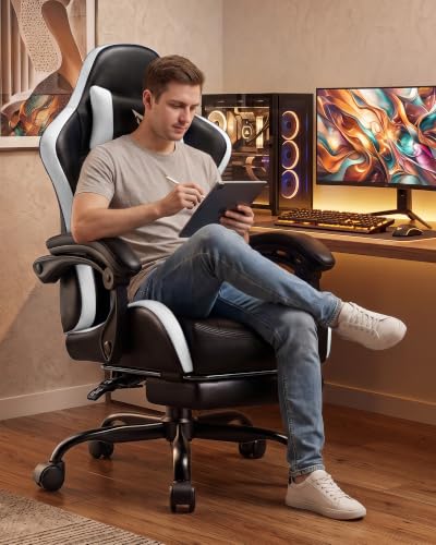Image of LUCKRACER Gaming Chair, Comfy Computer Chair w /Footrest for Adults, White