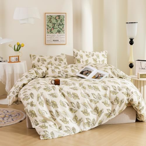 ECOCOTT Duvet Cover Queen Size Leaf Pattern Duvet Cover Set, Ultra Soft & Breathable Comforter Cover with Zipper Closure 4 Ties Bedding Set
