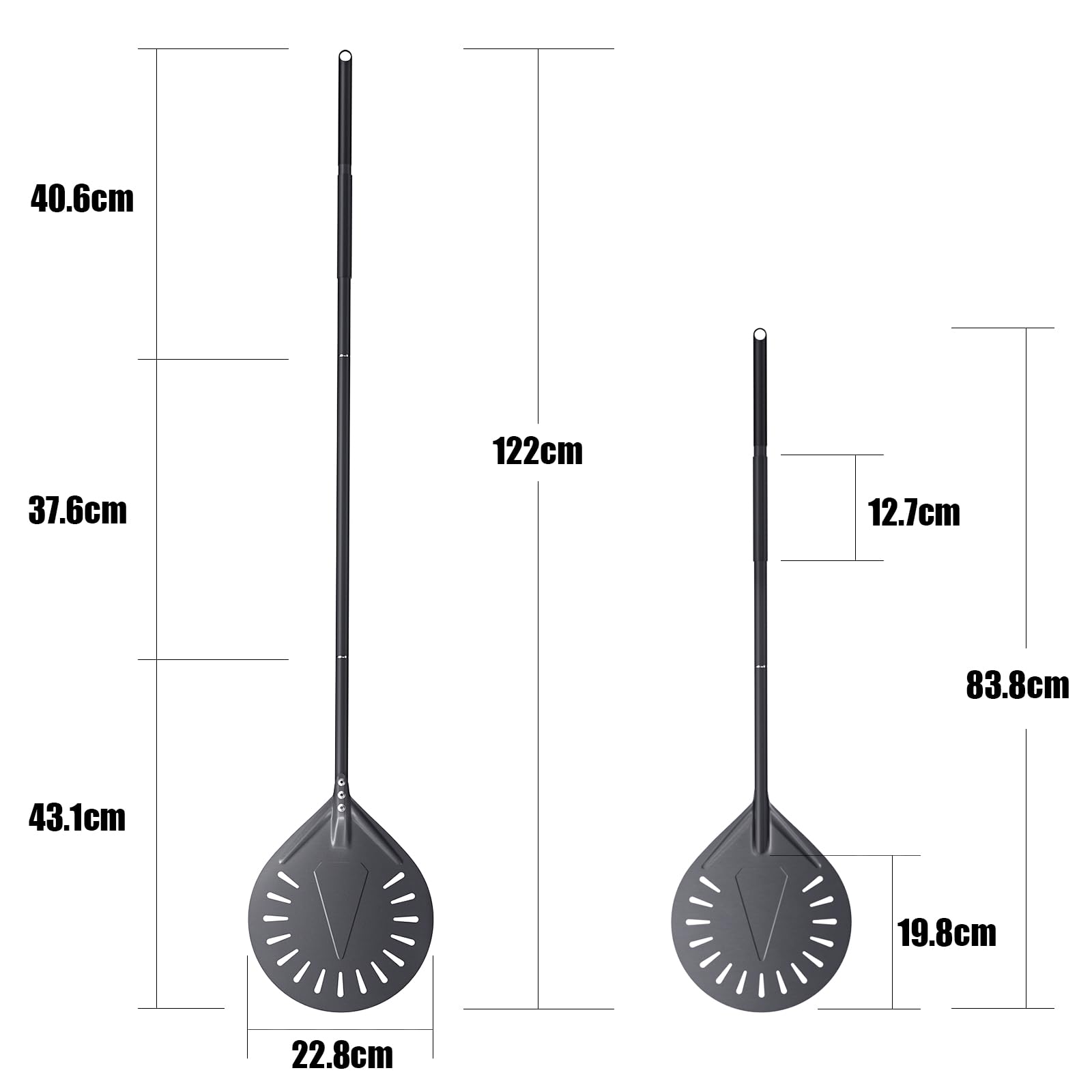 Pala de pizza perforada de aluminio anodizado duro, mango largo, 83 cm/120 cm