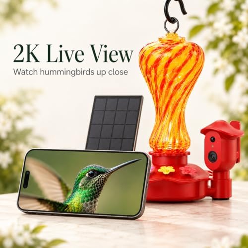 Smart Glass Hummingbird Feeder with Camera, 2K HD Live View, 2.4GHz WiFi Only, Solar-Assisted Outdoor Bird Feeder, App Motion Alerts, AI Bird ID, Ant Moat, Easy Clean Drip-Resistant Nectar Feeder - 1