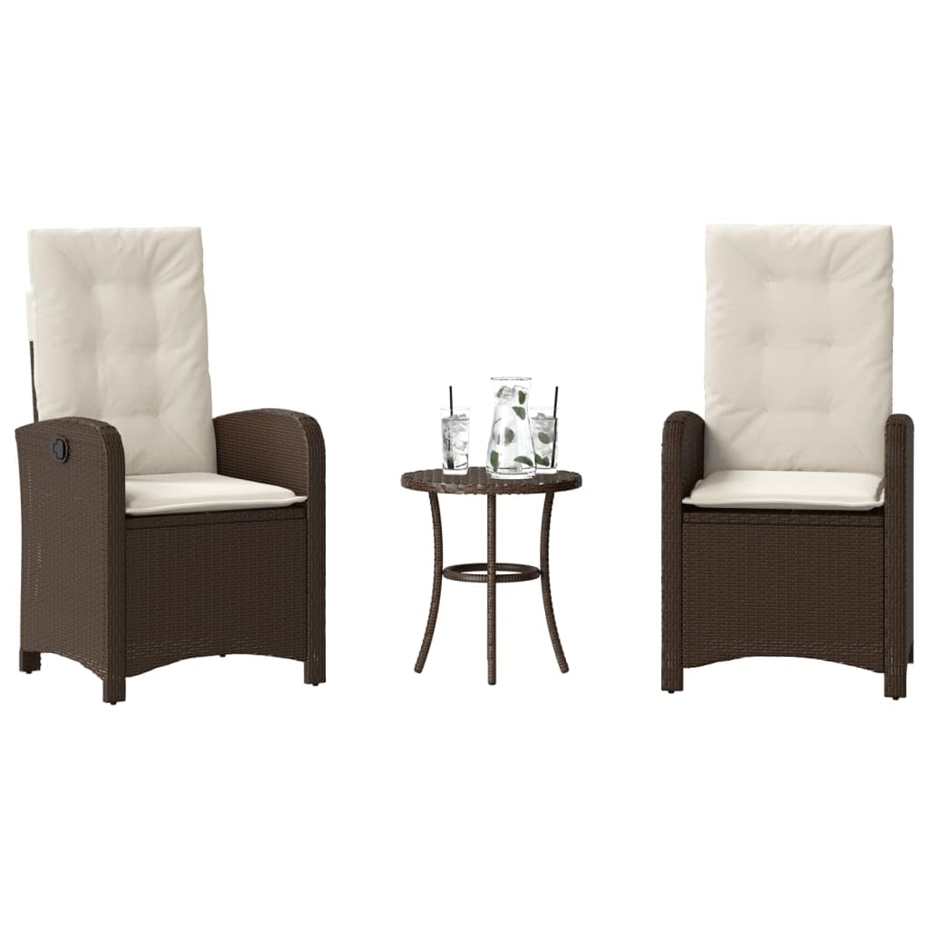 Set da 3 pezzi da bistrot con schienale regolabile, polyrattan marrone 57 x 58,5 x 93 cm, resistente alle intemperie, con cuscino bianco crema, salvaspazio, per piccoli balconi, giardini e