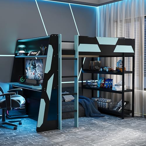 Merax Full Size Gaming Loft Bed with Side-Mounted Desk & 3-Tier Storage Shelves. Space-Saving Bedroom Set with Built-in Power Outlets & USB Ports for Teens & Gamers Black+Blue