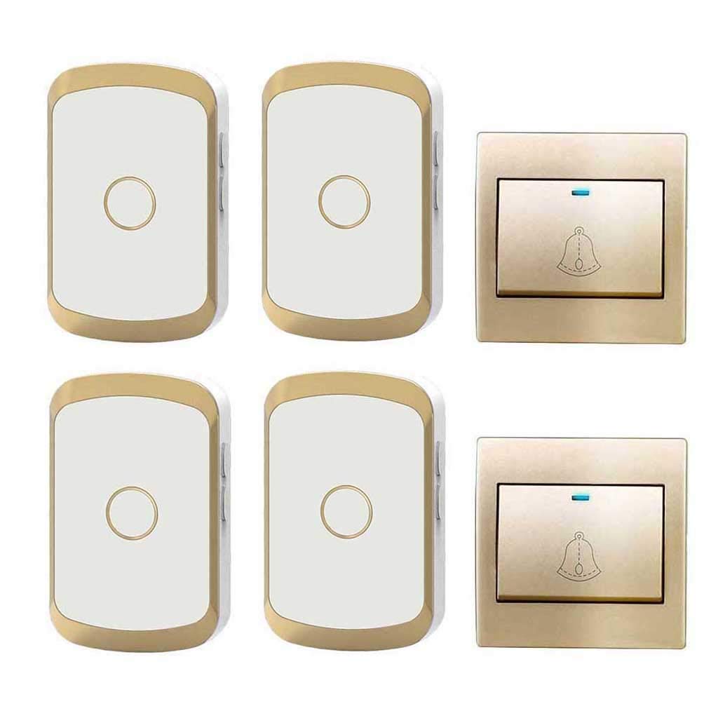 Timbre inalámbrico Resistente al Agua, 2 transmisores y 4 receptores, Alcance de transmisión de 300 m, 36 melodías Musicales, luz LED Intermitente, recordatorio, Dorado y Plateado.