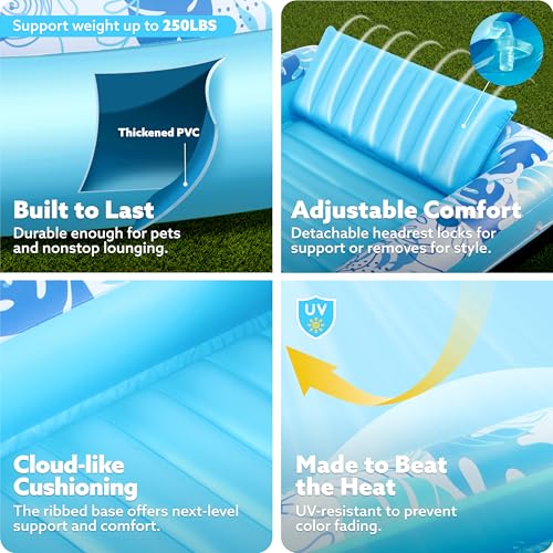 sloosh inflatable tanning pool lounger float 7034 x 4634 pool floats adult with pillow 4 in 1 suntan tub raft floatiesunbathing bed lounge for water blow up kids ball pit party gifts l-blue