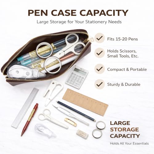 Image of Pencil Case Small Pencil Pouch Slim Zipper Pen Holder School Office College(Dark Brown,Faux Leather)