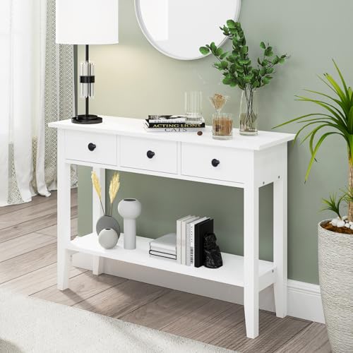 soges Mesa Consola Table Console Mesa Auxiliar con 3 Cajones Mesa de Entrada Mesa de Recibidor Estrecha Blanco 100 x 34 x 71,5 cm (EU1-10BHHFNT-W-3)