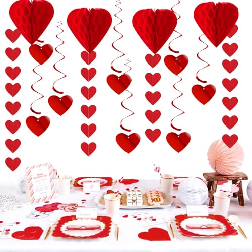 Image of Valentines-Day Decorations Red-Heart Garland Galentines-Decor - 24pcs Tissue Paper Pom Poms Streamers Swirl,Be Mine Xoxo Banner,Love Romantic Special Night Anniversary Party Hanging Lasting Surprise