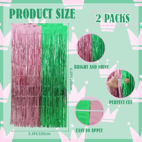 Image of TONIFUL 2Pcs Pink and Green Metallic Tinsel Foil Fringe Curtains Streamers | 3.3ftx6.6ft Photo Booth Backdrop Door Streamer for Birthday Baby Shower Gender Reveal Bridal Shower Spring Summer Party Decor