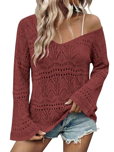 Image of Cakulo Womens Summer Crochet Tops Boho Off Shoulder Sweaters Lightweight V Neck Loose Vacation Resort Wear 2026