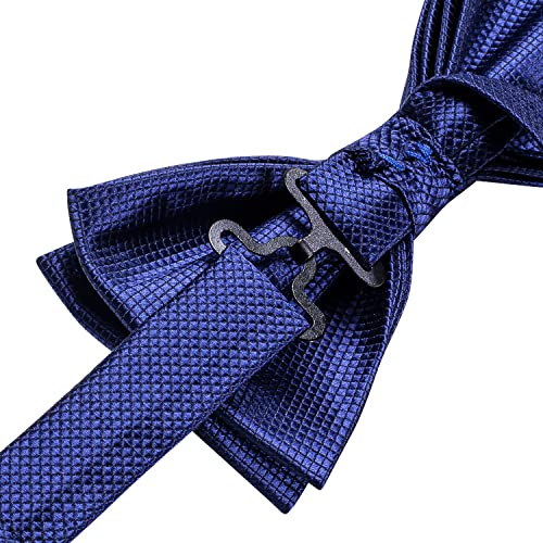 Image of Hi-Tie Pretied Bow Ties for Men Wedding Formal Bow Tie Handkerchief Cufflinks Lapel Pin Set Party Formal Mens Bowtie Set, Dark Blue Plaid, Medium