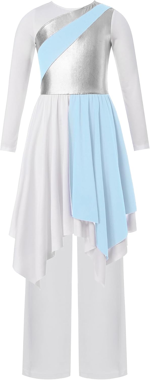 Girls Praise Dance Outfit Long Sleeve Lyrical Worship Tunic Dress and Liturgical Wide Leg Pants Church Robe