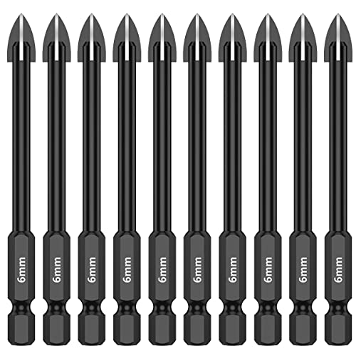 10Pcs Glass and Tile Porcelain Drill Bit 6mm Tungsten Carbide Tipped Spear Drill Set Hex Shank Electric Screwdriver Bits Metal Hole Saw Drilling Tool for Tile Porcelain Wood Glass Mirror (6MM 10Pcs)