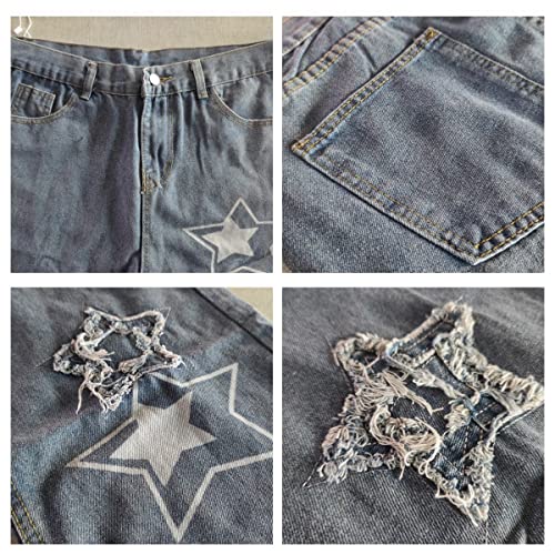 Vintage Men's Korean Denim Pants Y2K Cltohes Streetwear Printed Patchwork Male Baggy Jeans Straight Trousers (Black,M,Medium) #TOP5