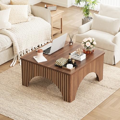 MAHYIZYI Square Coffee Table, 39'' Large Lift Top Coffee Table with Flip-Top Hidden Compartment Farmhouse Fluted Center Table Wooden Tea Table for Living Room, Apartment, Office (Walnut) — view 5