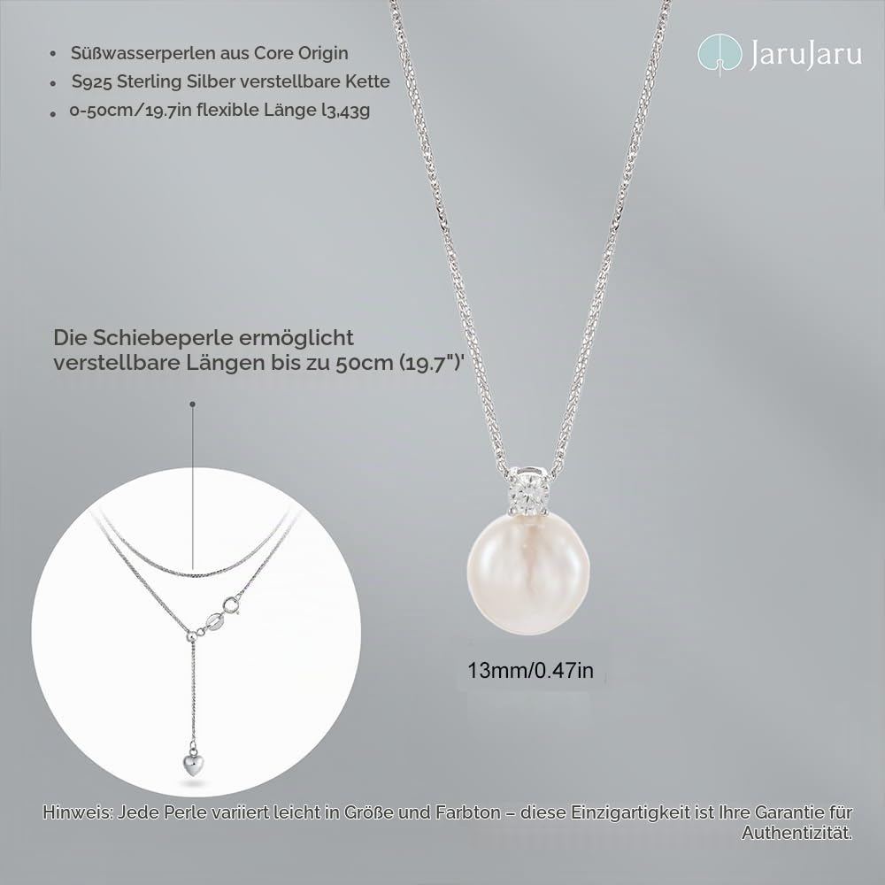 JaruJaru Barock Perlen Halskette | 12-13mm Münzperle Anhänger aus 5A+ Zuchtperlen | Mit S925 Sterling Silber Figaro Kette | Kreativer klassischer Schmuck
