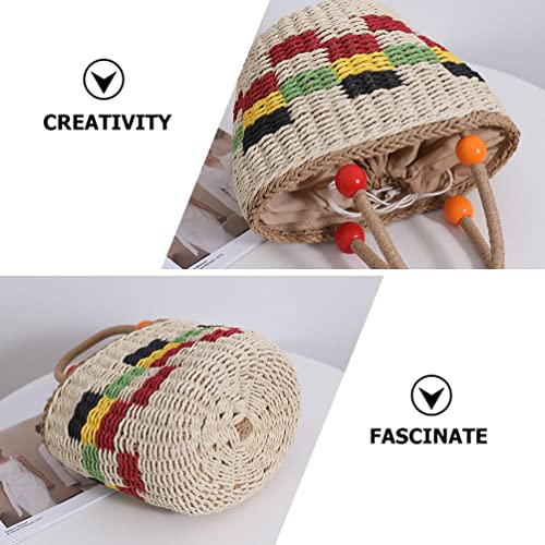 HOMSFOU Straw Woven Tote Bag, Handmade Shoulder Bag with Wooden Bead Handle, Colorful Plaid Design, Multi, Ideal for Picnic, Travel, Shopping, 14.6 x 4.7 x 11.8 Inches4