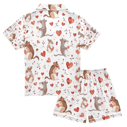 senya Squirrel Holding Love Heart Satin Summer Pajama Sets Silk Short Sleeve Button Down Sleepwear2