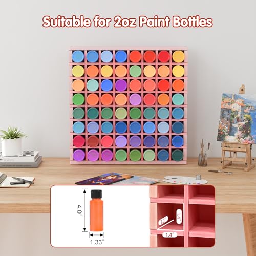 Image of Krafetto 64 Grids Craft Paint Storage Organizer, Wall-mountable Paints Holder, Stackable Paint Bottle Rack Stand for 2oz Craft Paints, Pink