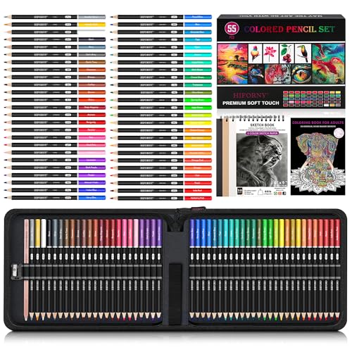HIFORNY Juego de 55 lápices de colores para adultos – 50 lápices de colores de núcleo suave con cuaderno de bocetos, libro para colorear, difuminador, sacapuntas y carta de colores – en caja de regalo