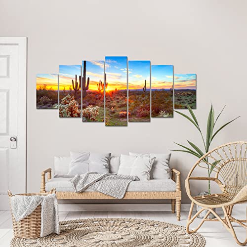Sechars Extra Large Wall Art For Living Room Arizona Sonoran Desert Picture On Canvas Cactus In Sunset Landscape Painting Southwest Decor For Home Office Set Of 7 Ready To Hang 32" X 70" #TOP4